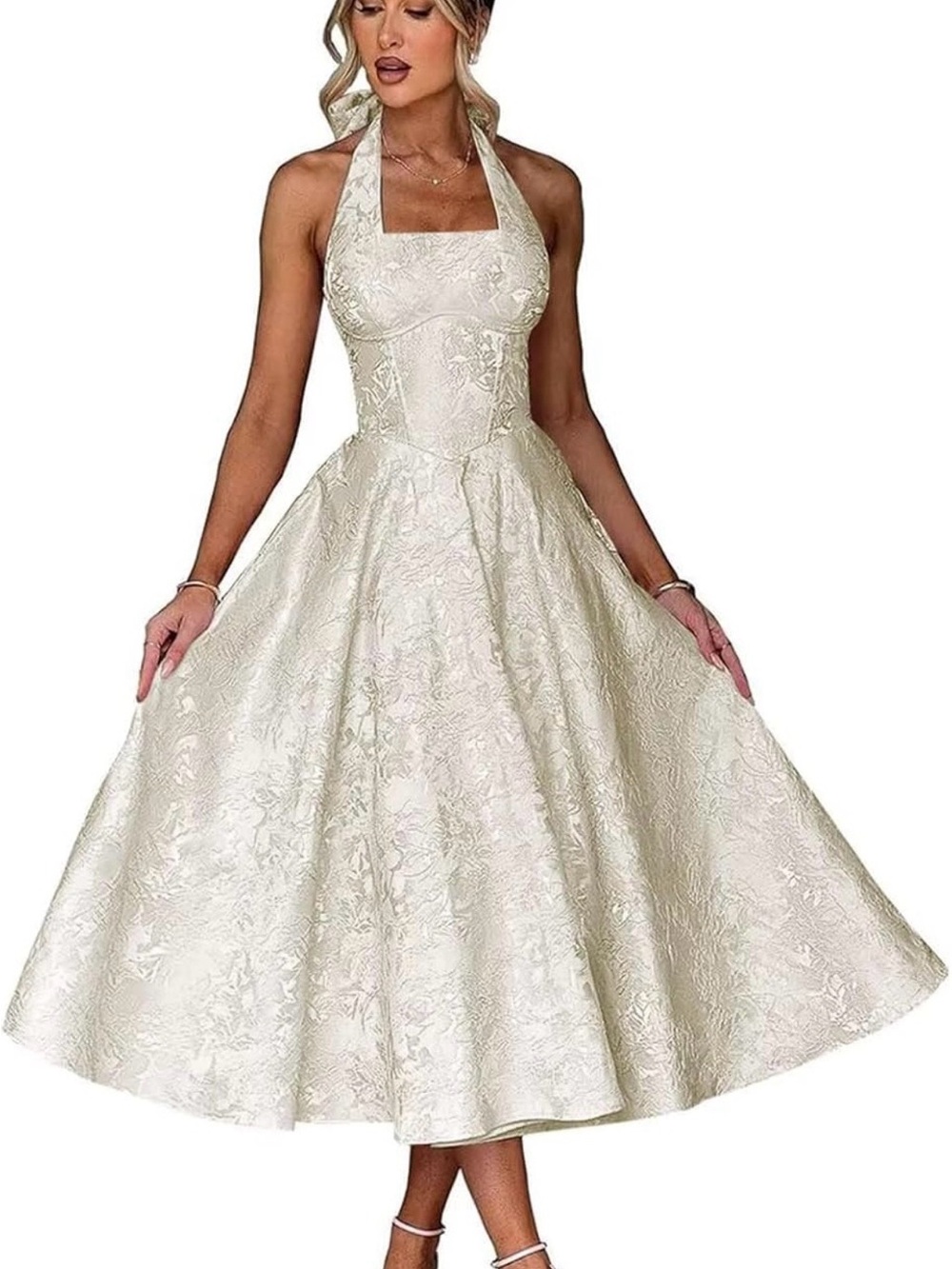 Halter Neck Ivory Floral Jacquard Midi Dress